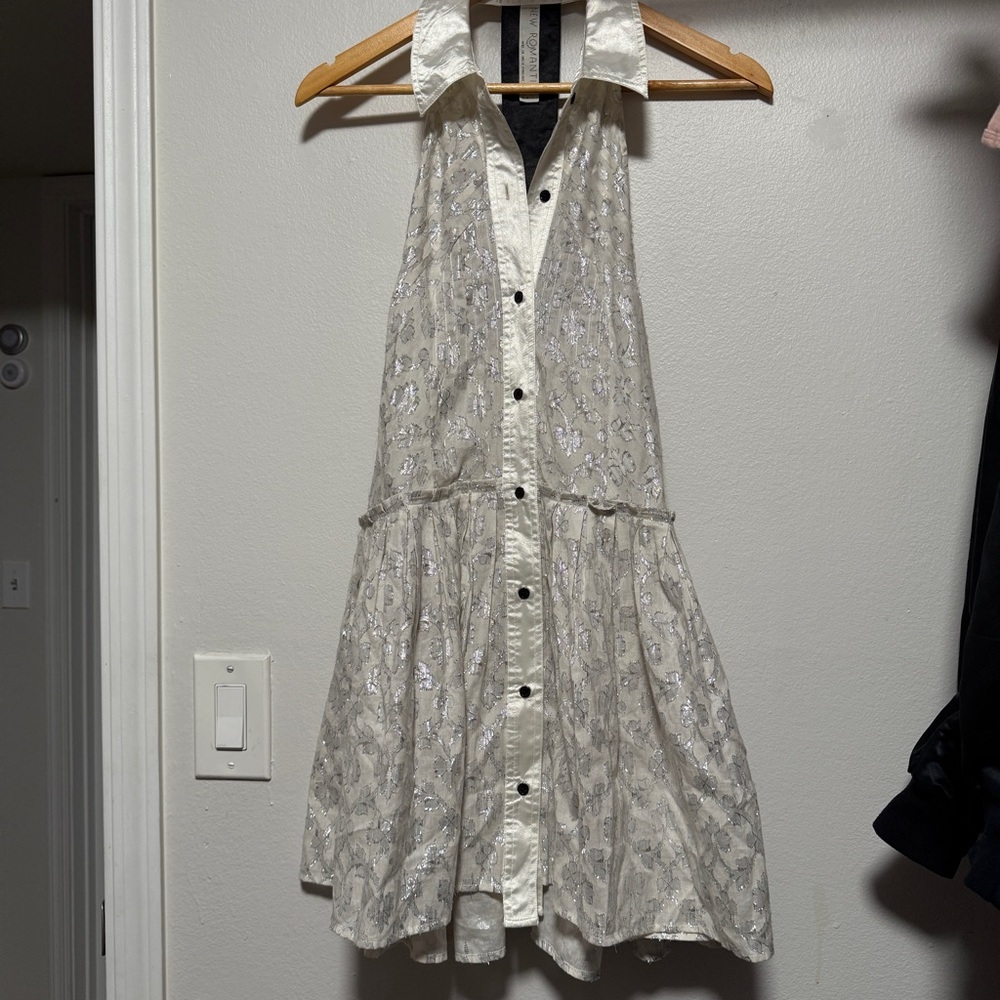 Free People Romantics Tuxedo Halter Top Size S Collared Ruffle Metallic